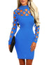 Blue Hollow-out Long Sleeve Mock Neck Bodycon Dress